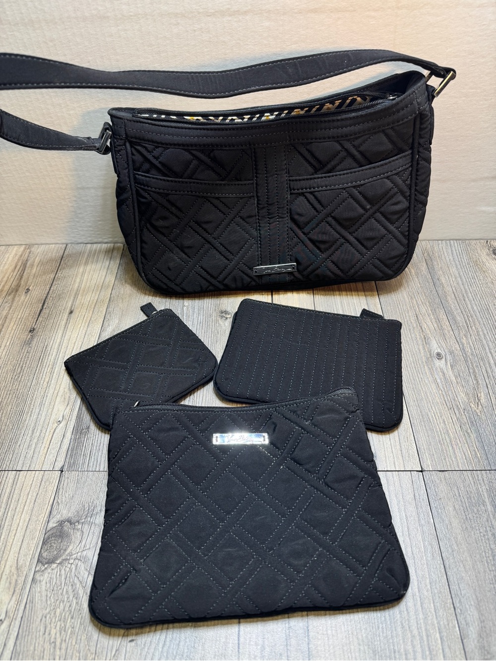 Vera Bradley 4 Pc. Black Quilted Zipper Handbag, Clutch, Makeup Bag, Coin Purse